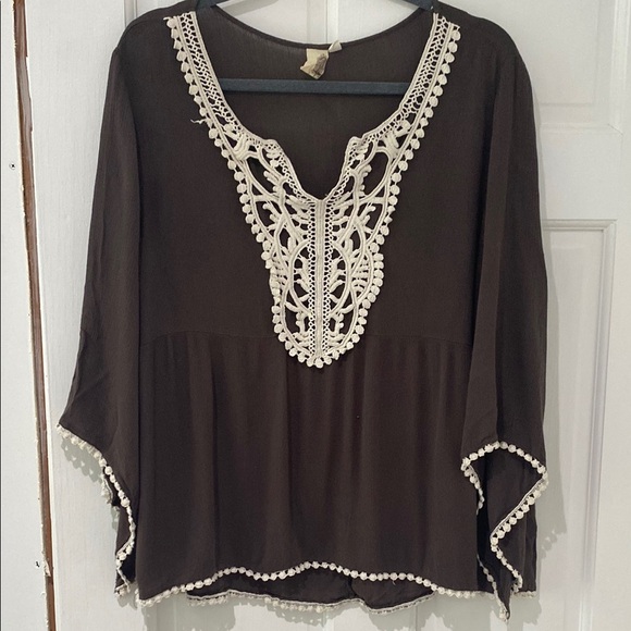 Boho Crochet Embellished Olive/Cream Top, M - Picture 1 of 5